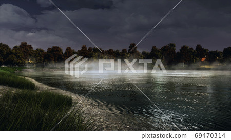 Shore of calm mystic forest lake or pond at dusk Shore of calm mystic forest lake or pond at dusk 69470314