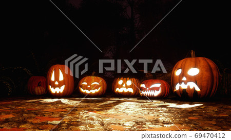 Various halloween pumpkins in dark forest at night - Stock Illustration ...