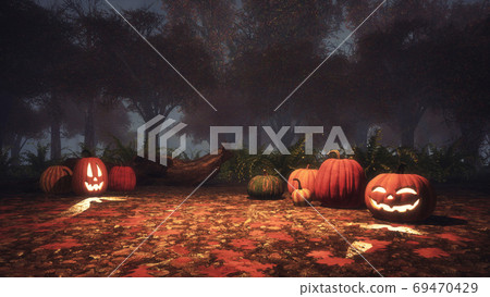 Scary halloween pumpkins in misty forest at dusk - Stock Illustration ...