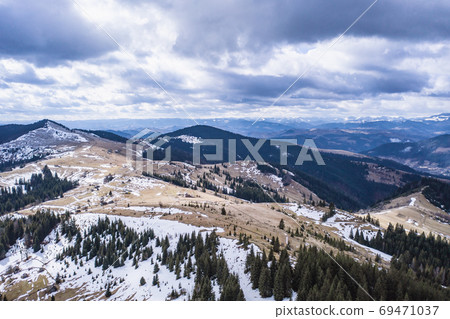 Morning in the mountains. Carpathian Ukraine, Aerial view. 69471037
