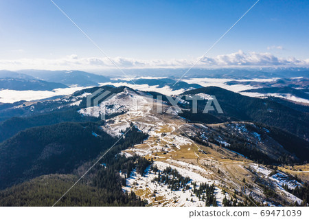 Morning in the mountains. Carpathian Ukraine, Aerial view. 69471039