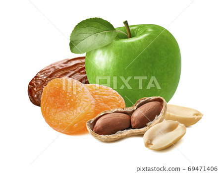 Fresh green apple, date, dry apricots and peanuts isolated on wh 69471406