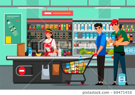 Vector character illustration of cashier and shoppers at supermarket Vector character illustration of cashier and shoppers at supermarket 69471458