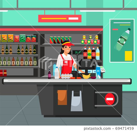 Vector character illustration of cashier at supermarket Vector character illustration of cashier at supermarket 69471459