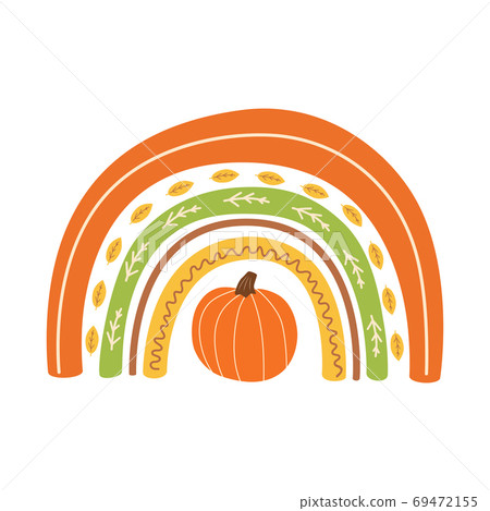 Fall rainbow with pumpkin Cute autumn greeting - Stock