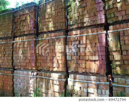 Pallet of clay brick that has been abandoned and overgrown by moss 69472794