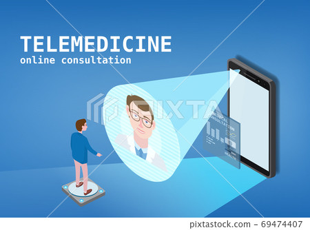 Telemedicine smartphone concept characters doctor and patient consultation diagnosis by internet. Online doctor service isometry. Vector illustration isolated Telemedicine smartphone concept characters doctor and patient consultation diagnosis by internet. Online doctor service isometry. Vector illustration isolated 69474407