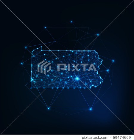 Pennsylvania state USA map glowing silhouette made of stars lines dots, low polygonal shapes. 69474669