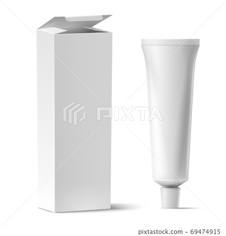 Realistic tube with box mockup. White plastic tuba for toothpaste or cream, gel and rectangular cardboard packaging vector template 69474915