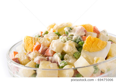 Traditional Russian salad in bowl. Olivier salad isolated on white background	 69475006