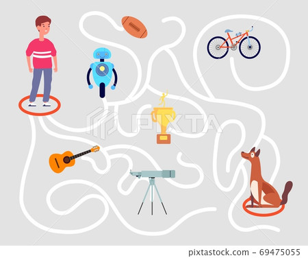 Fun maze game. Children labyrinth, education kindergarten kids puzzle play. Find solution, help to boy choose right road vector illustration 69475055