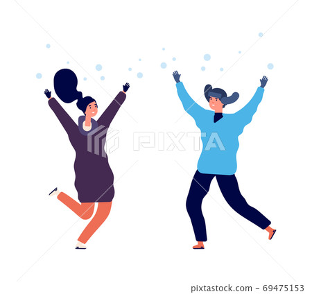 People enjoy snow. Man woman jumping snowfall, flat happy winter characters. Season activity in cold weather vector illustration 69475153