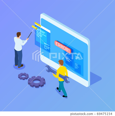 Isometric web developers. Programmers working with interface, mobile app upgrade. 3d tablet and it workers vector illustration 69475154