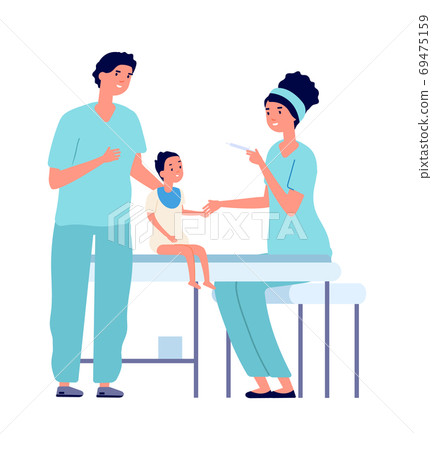 Children vaccination. Baby and nurse with syringe, coronavirus or flu medications. Healthcare vector illustration 69475159