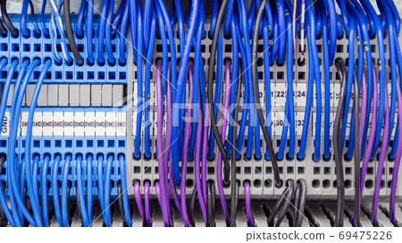 Terminal of control . Control panel assembly with many wires and terminal box, ground terminal,personal earth terminal 69475226