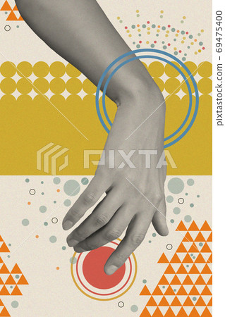 Art collage with human palm and creative elements, geometric shapes for posters, banners, wallpaper. Science, research, discovery, technology concept. Pop art. Zine culture. Fashion magazine style. Art collage with human palm and creative elements, geometric shapes for posters, banners, wallpaper. Science, research, discovery, technology concept. Pop art. Zine culture. Fashion magazine style. 69475400