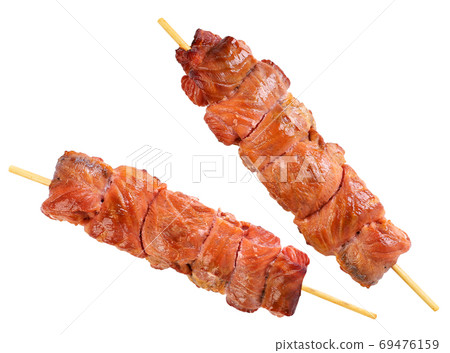 Shish kebab of salmon fish on a white background. Isolated Shish kebab of salmon fish on a white background. Isolated 69476159