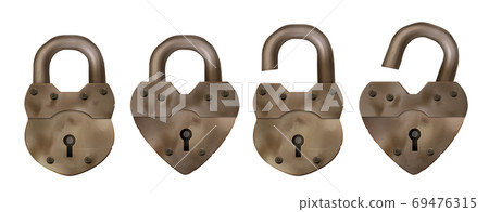 Old metal padlocks in heart shape Old metal padlocks in heart shape 69476315