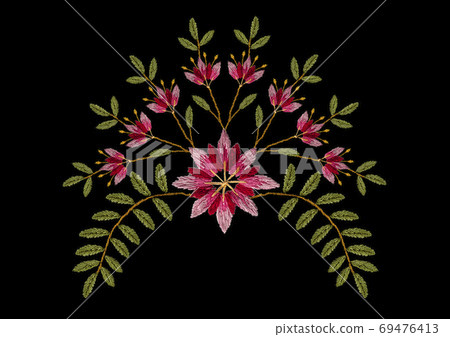 Embroidery of red-pink flower Cornflower surrounded by buds and bent branches with leaves on black background Embroidery of red-pink flower Cornflower surrounded by buds and bent branches with leaves on black background 69476413