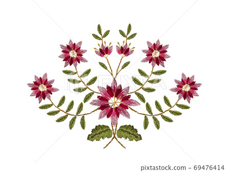 White background with embroidery smoothness of a bouquet of pink and red cornflowers on bent branches with green leaves White background with embroidery smoothness of a bouquet of pink and red cornflowers on bent branches with green leaves 69476414