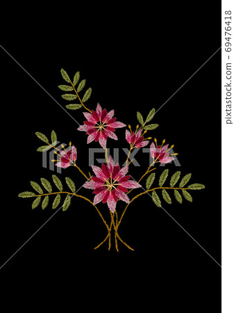 Embroidered delicate bouquet of pink-red cornflowers and green leaves with twigs on a black background Embroidered delicate bouquet of pink-red cornflowers and green leaves with twigs on a black background 69476418