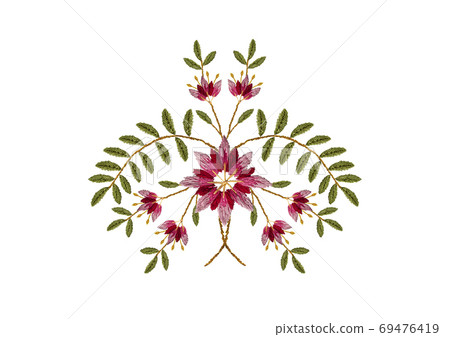 Pattern for embroidery satin stitch bouquet of pink with red cornflowers with delicate buds and green leaves on curved branches Pattern for embroidery satin stitch bouquet of pink with red cornflowers with delicate buds and green leaves on curved branches 69476419