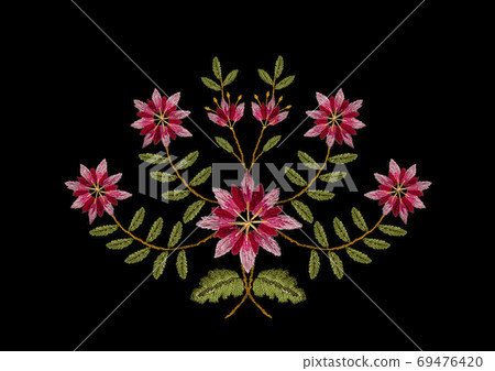 Embroidery of a bouquet of pink and red cornflowers on bent branches with green leaves on a black background Embroidery of a bouquet of pink and red cornflowers on bent branches with green leaves on a black background 69476420