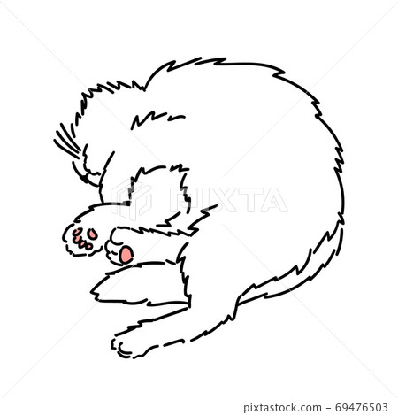 Drawing of a cute sleeping cat lying on its side with its legs outstretched. Black and white illustration of an animal. Paw with a pink pad. Realistic image of an animal. Stock vector illustration 69476503