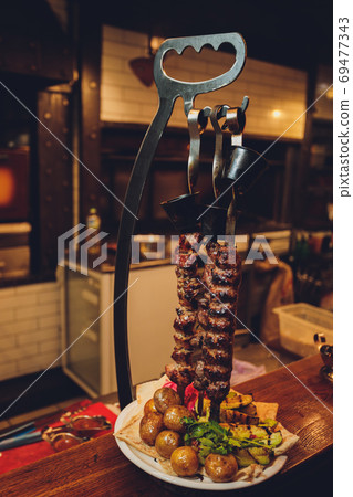 Grilled vegetables platter. Summer snack, grill bar, tasty barbecue menu for weekend party, picnic food. Grilled vegetables platter. Summer snack, grill bar, tasty barbecue menu for weekend party, picnic food. 69477343