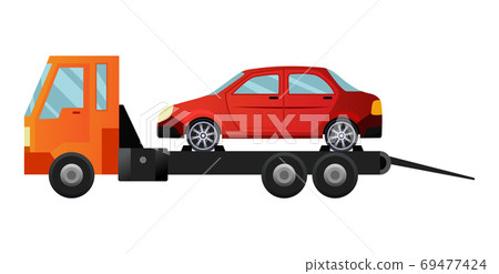 Tow truck. Cool flat towing truck with broken car. Road car repair service assistance vehicle with damaged or salvaged car 69477424