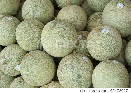 KUALA LUMPUR, MALAYSIA -NOVEMBER 01, 2017: A pile of cantaloupe or rockmelon fruit or the scientific name is Cucumis melo var. cantaloupe. KUALA LUMPUR, MALAYSIA -NOVEMBER 01, 2017: A pile of cantaloupe or rockmelon fruit or the scientific name is Cucumis melo var. cantaloupe. 69478637