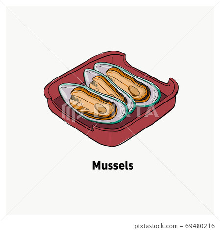 Mussels on red plate,vegetable for Japanese grill, korean grill, 69480216