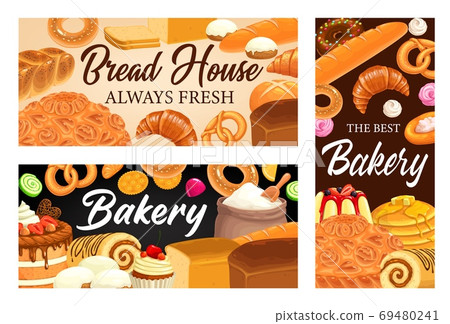 Bakery shop, bread house cartoon vector banners Bakery shop, bread house cartoon vector banners 69480241