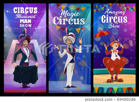 Circus show with clown and illusionist on arena 69480286