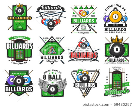 Billiards pool game, snooker sport club icons 69480297