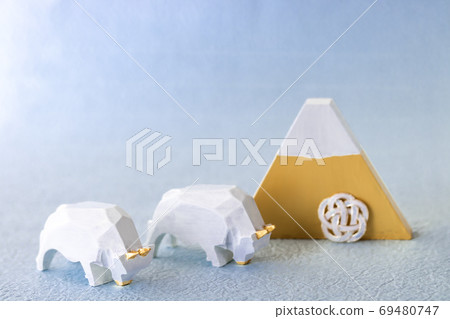 New Year's 2021, lucky white cow and gold Fuji with rising luck New Year's 2021, lucky white cow and gold Fuji with rising luck 69480747