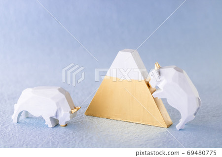 New Year's 2021, lucky white cow and gold Fuji with rising luck New Year's 2021, lucky white cow and gold Fuji with rising luck 69480775