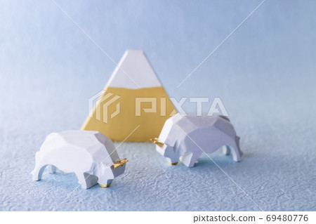 New Year's 2021, lucky white cow and gold Fuji with rising luck New Year's 2021, lucky white cow and gold Fuji with rising luck 69480776