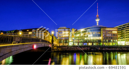 Classic view of Berlin skyline on the river in twilight during b Classic view of Berlin skyline on the river in twilight during b 69481591