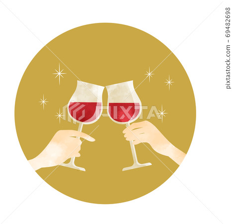 Toast with red wine, hand tilting the wine glass, coaster type 69482698