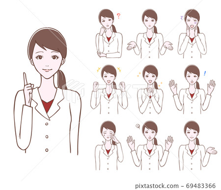Illustration of a pose set for a young woman in a white coat 69483366