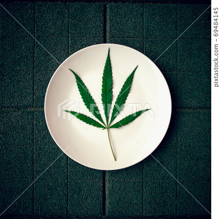 Cannabis leaf on a white plate. Floor tile background. cannabis live resin extraction on green background. Medical marijuana concept 69484145