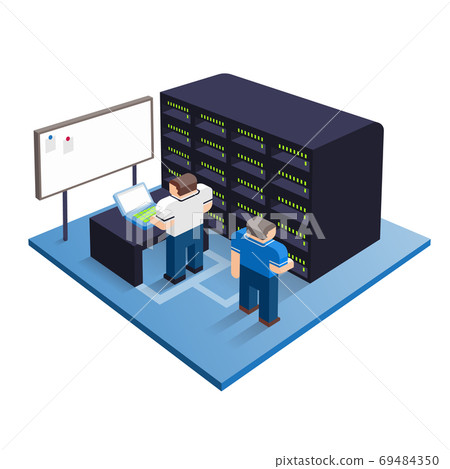 Illustration of engineers working in the server room 69484350