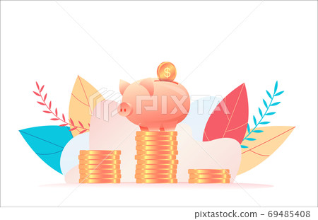 Large piggy bank stands on stack of huge coins as in first place 69485408