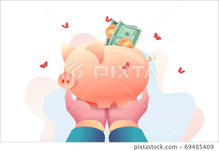 Big hands of CEO of head are holding piggy bank with money. Conc 69485409