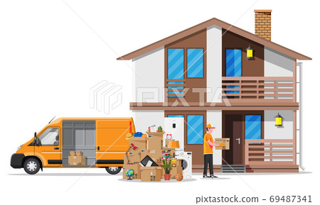 Moving to new house. Family relocated to new home. Moving to new house. Family relocated to new home. 69487341