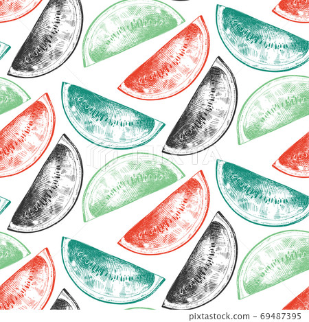 Vector seamless pattern with hand drawn fruits in sketch style. Farm market products. 69487395
