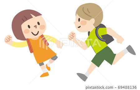 Children running on a bag carrying a school bag 69488136