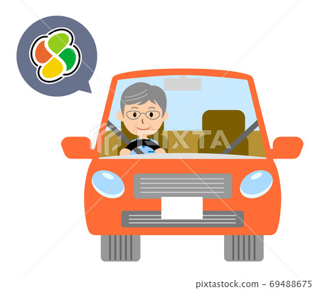 Vector illustration of a man driving a red car with a senior citizen mark 69488675
