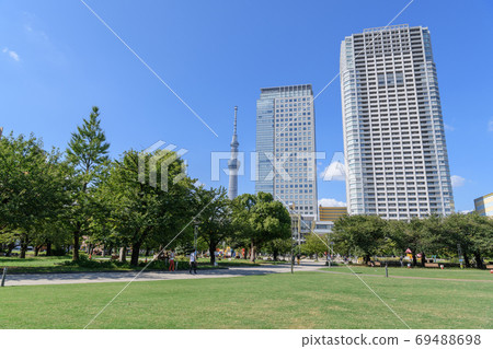 Cityscape, lawn park with a view of the Sky Tree, Kinshi Park, Sumida-ku, Tokyo Cityscape, lawn park with a view of the Sky Tree, Kinshi Park, Sumida-ku, Tokyo 69488698